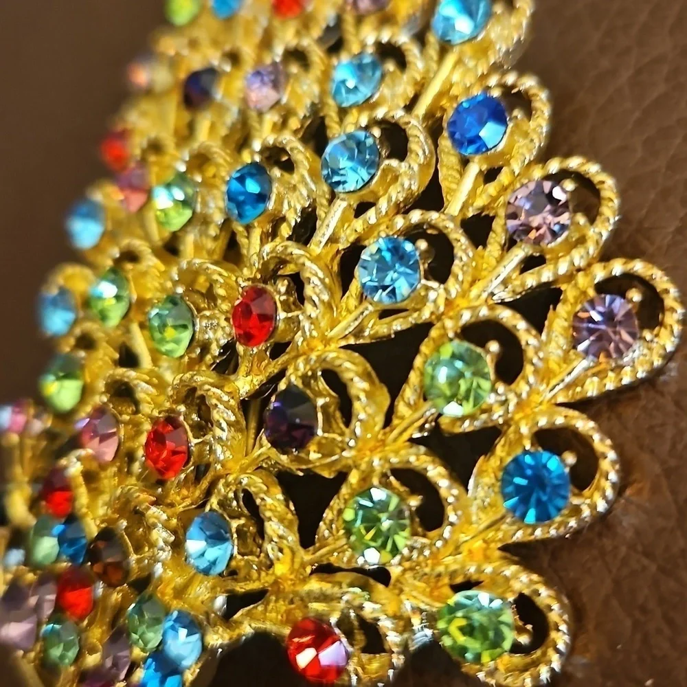 Vintage Large Colorful Rainbow Rhinestone Peacock Brooch